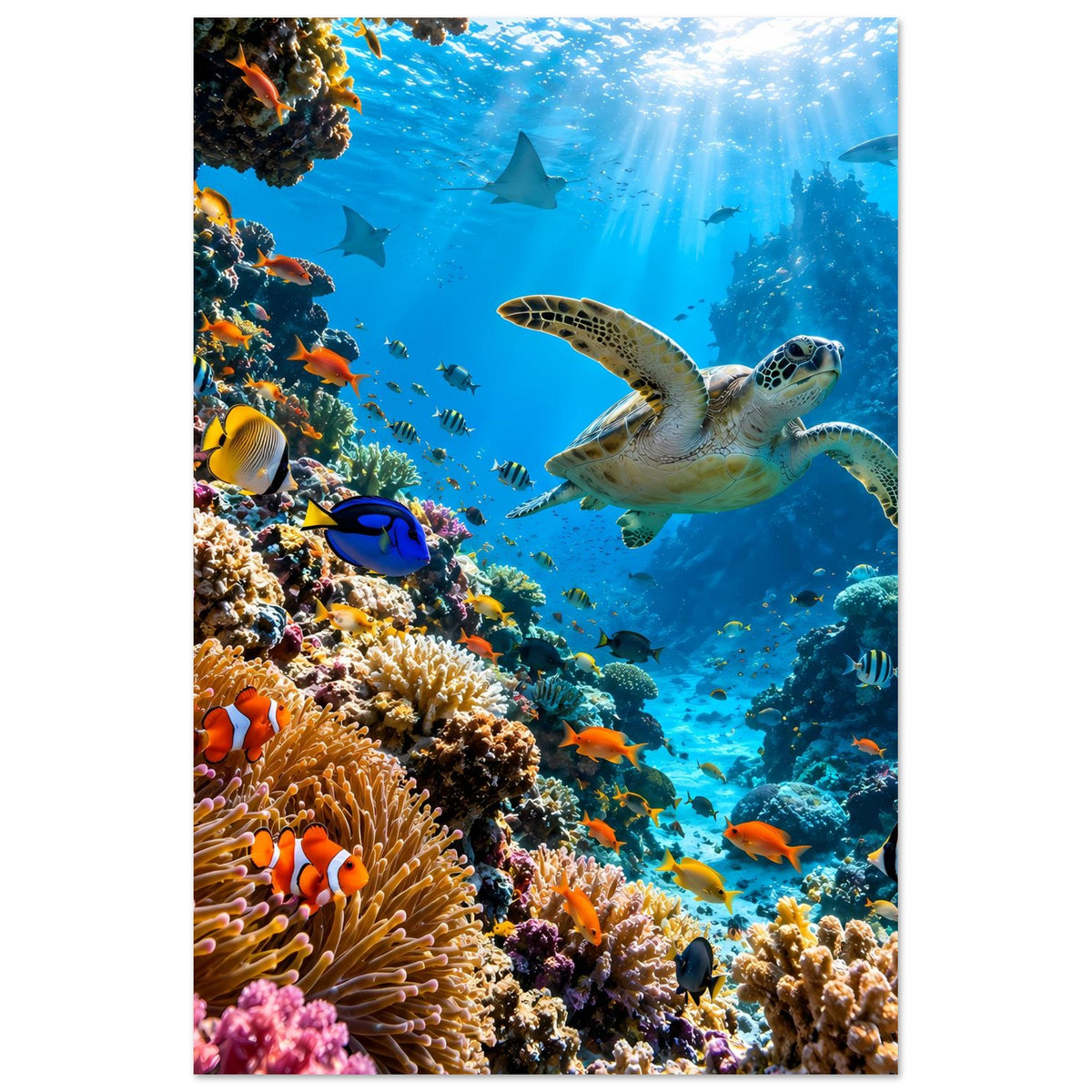 Meerposter im Hochformat: Schildkröte über Korallenriff, Fische im Hintergrund