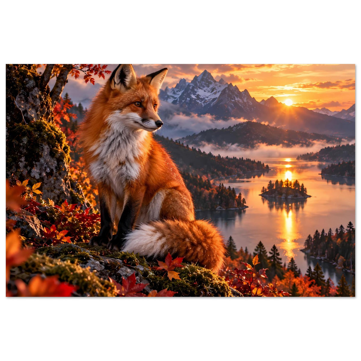 Herbst-Wildnisposter mit liegendem roten Fuchs auf Felsen, Berglandschaft im Licht