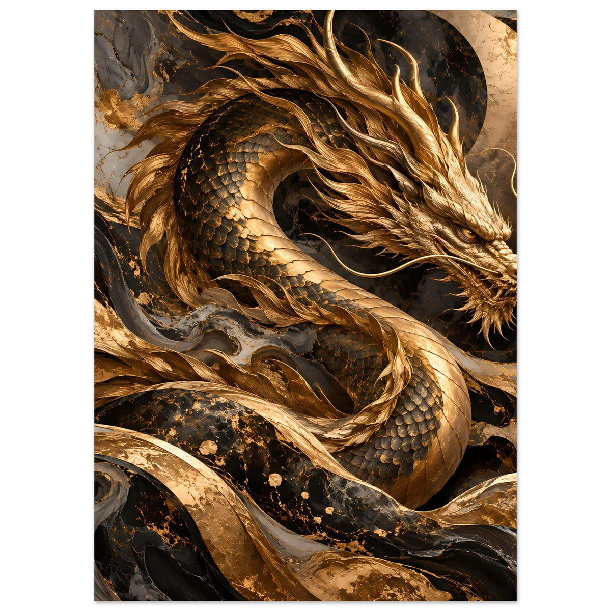 Fantasy-Poster mit goldfarbenem Drachen auf dunklem, marmoriertem Hintergrund.