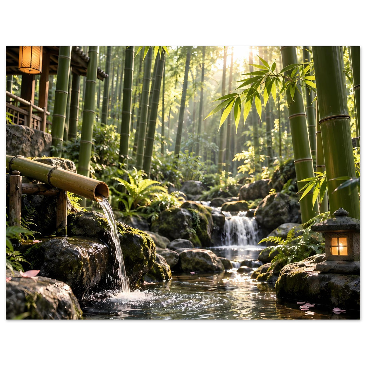Wandposter: Bambuswald-Wasserfall über Steinen, Laterne links und rechts im Motiv