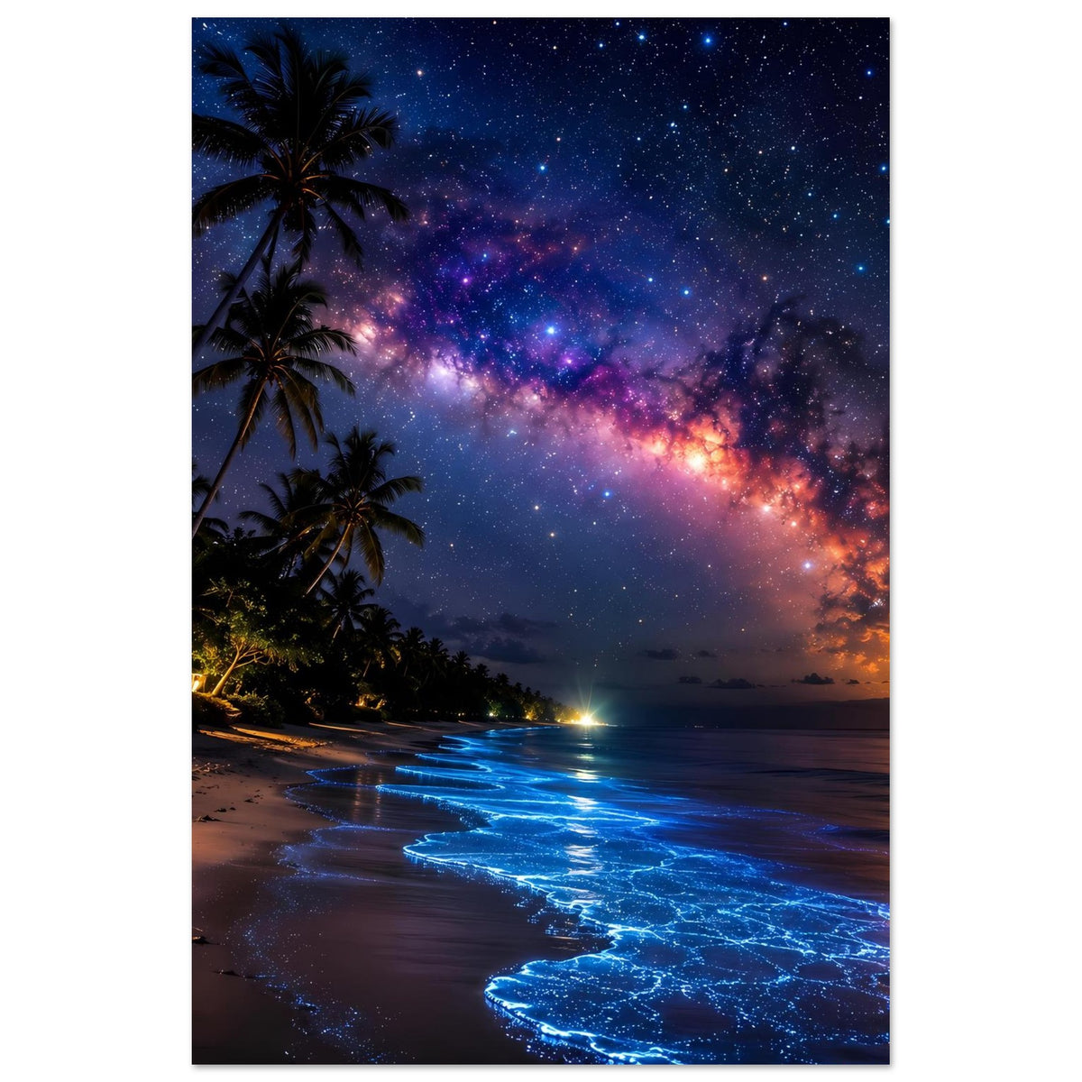 Poster Hochformat mit Strand bei Nacht, Palmen, Milchstraße und blau schimmernder Brandung