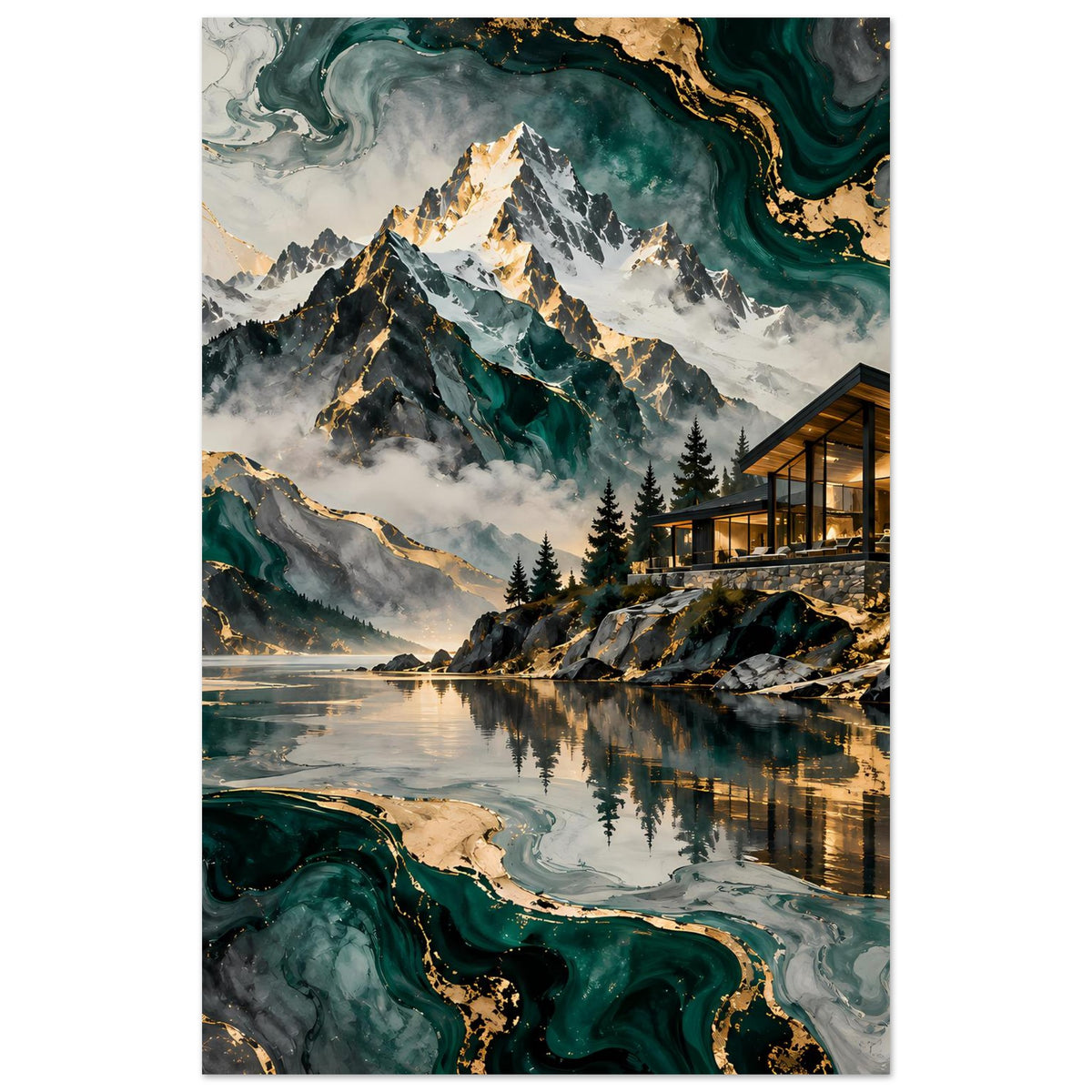 Poster, Ausschnitt mit Berggipfeln, grün-goldener Marmorader und beleuchteter Hütte am See