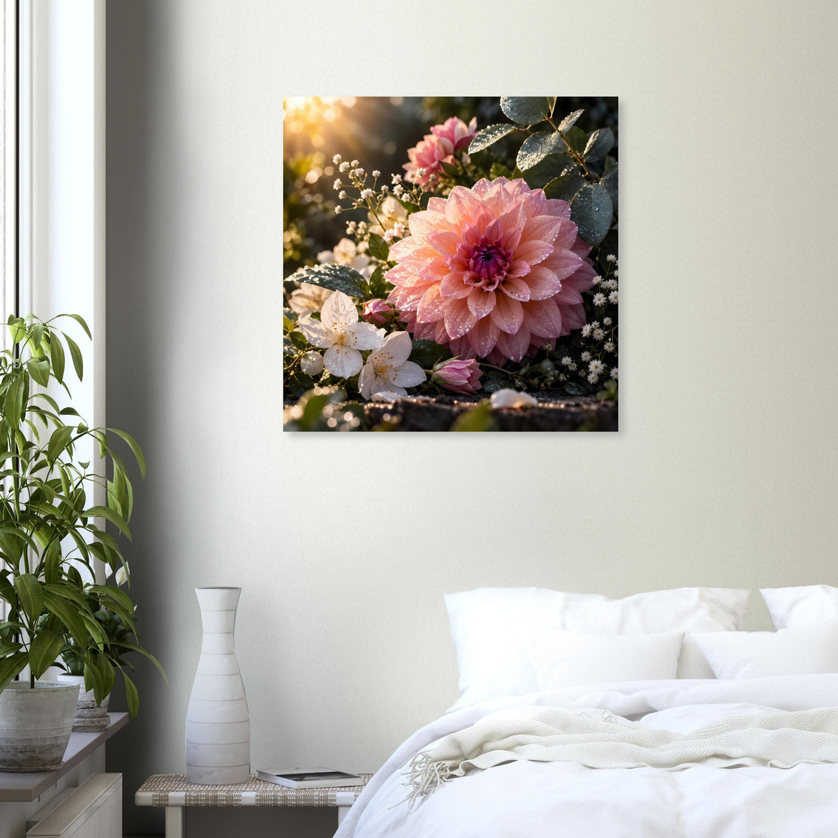 Blumenposter mit rosa Blütenmotiv und weißen Blüten im Bouquet-Look