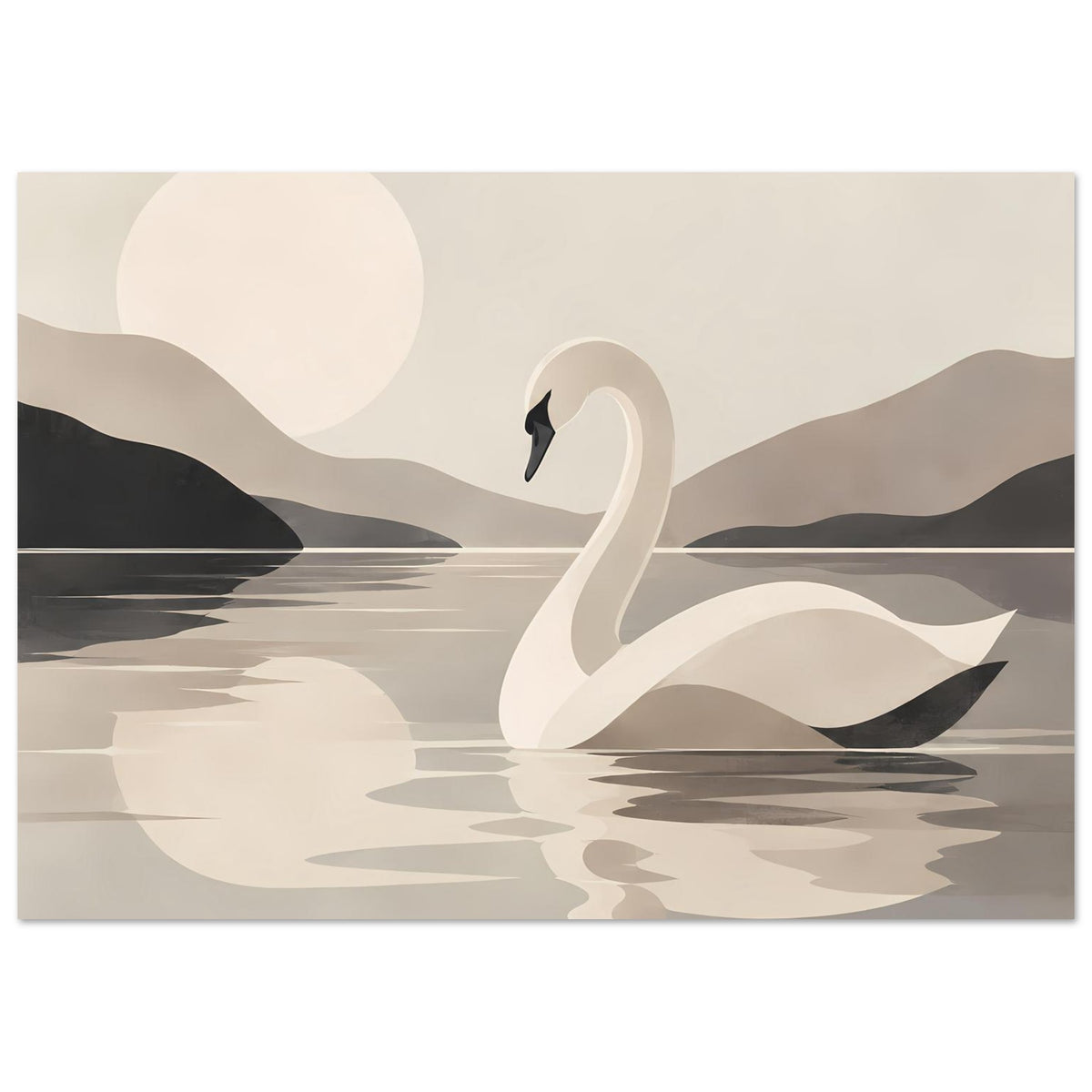 Kunstposter mit weißem Schwan im Wasser, minimalistische Landschaft in Erdtönen