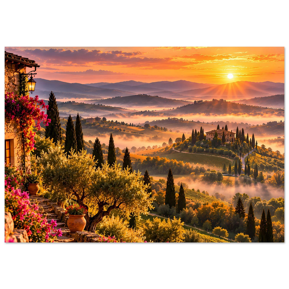 Gerahmtes Poster: toskanische Landschaft bei goldenem Sonnenuntergang, Sonne, Zypressen, Blumen am Rand.
