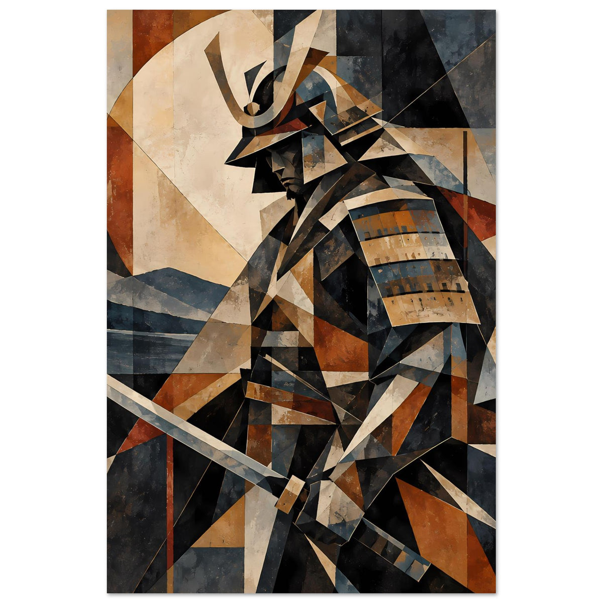Geometrisches Samurai-Krieger-Poster im Hochformat, dunkle Segmente mit blau-grauen Akzenten