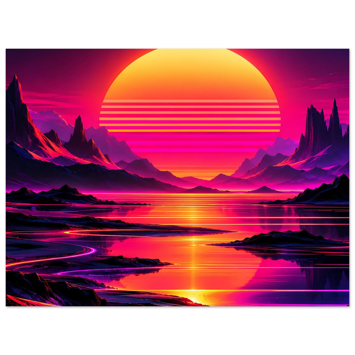 Neon-Poster im Querformat: orangefarbene Sonne über violetten Bergen, Wasser mit Neonreflexen