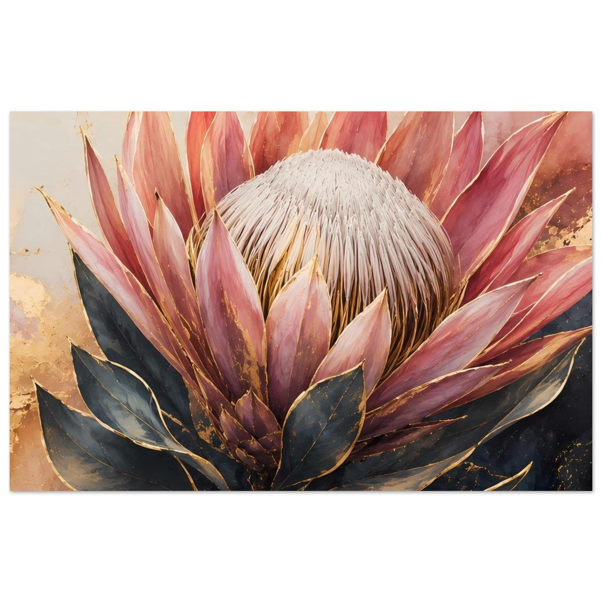 Botanisches Poster mit Königsprotea in Altrosa und Gold, mit violettem Blütenkopf und dunklem Laub