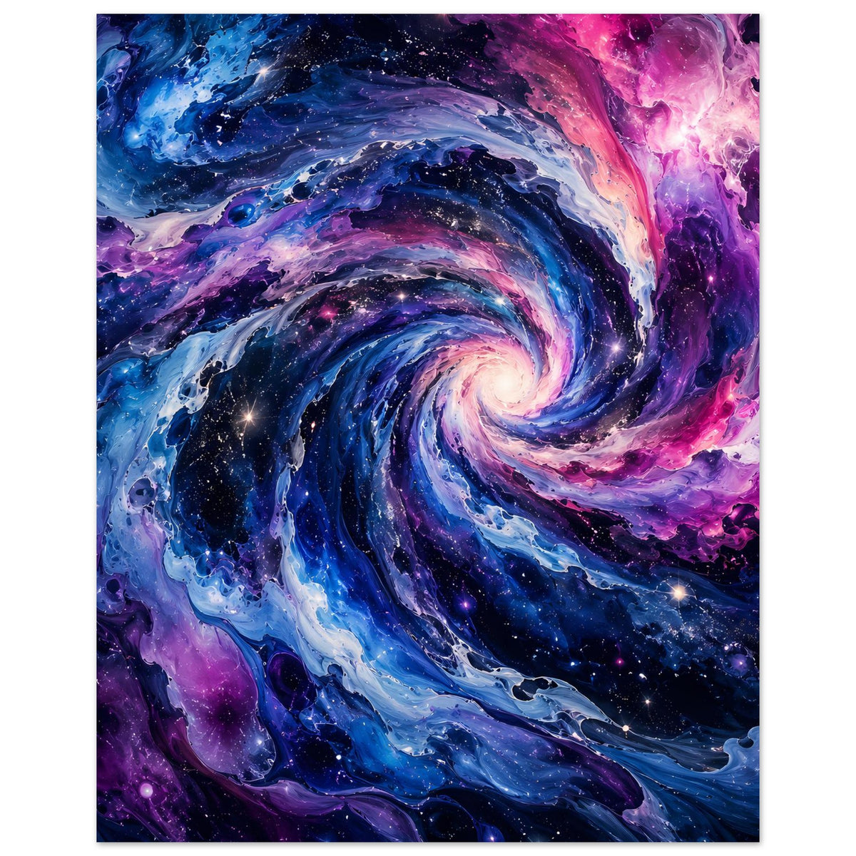 Vertikales Poster mit Spiralgalaxie, Sternen und Nebeln in Blau, Violett und Pink