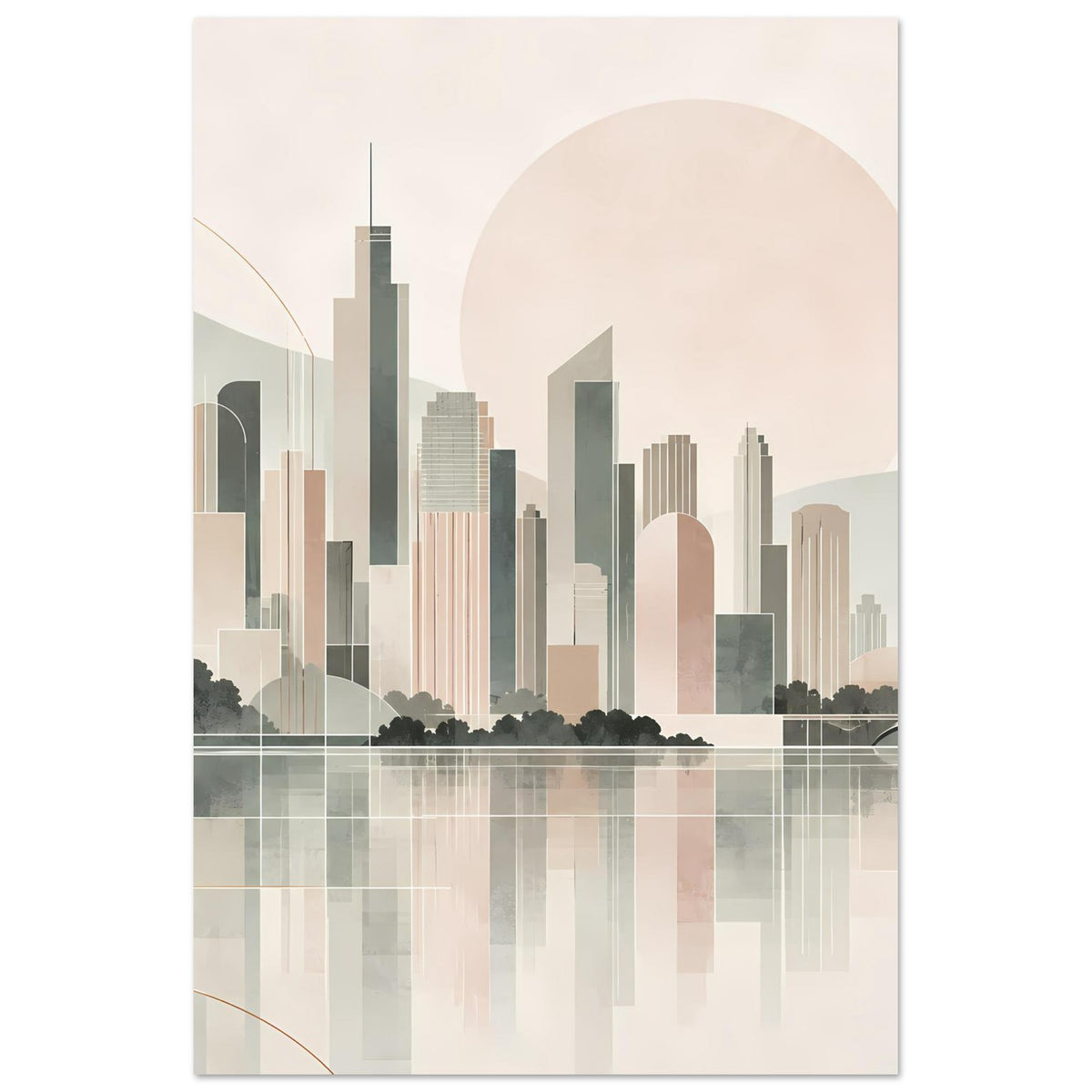 Vertikales Stadtposter mit minimalistischer Skyline, ruhiges Wasserbild und sanfte Pastellfarben