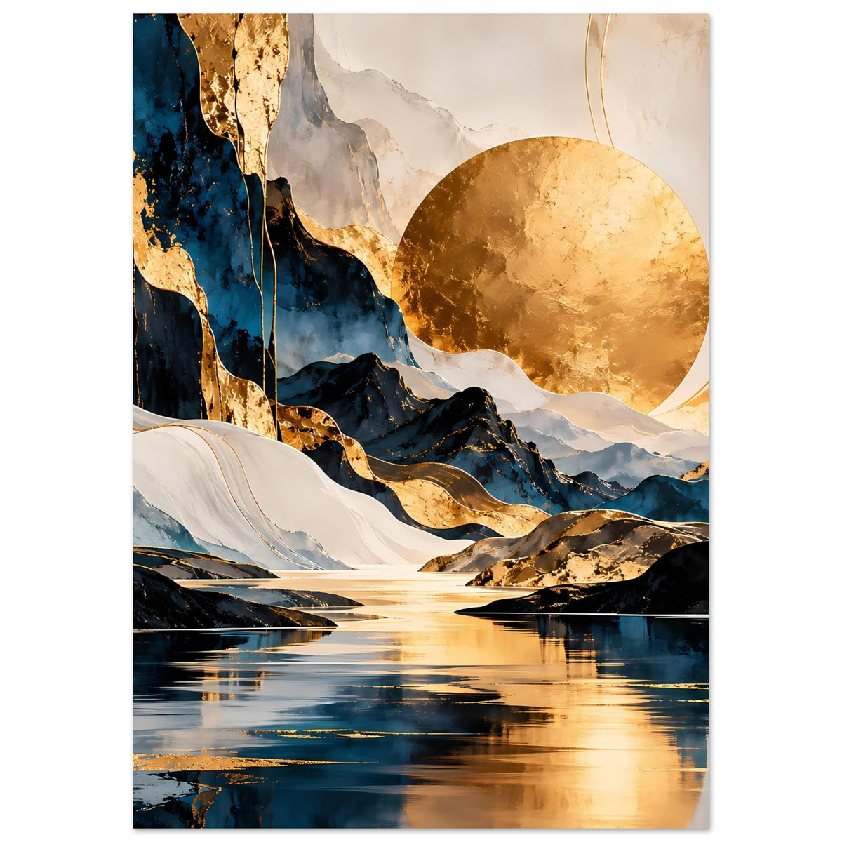Abstraktes Kunstposter: blau-schwarze Berge, weißer Weg, goldener Mondkreis, goldene Reflexe