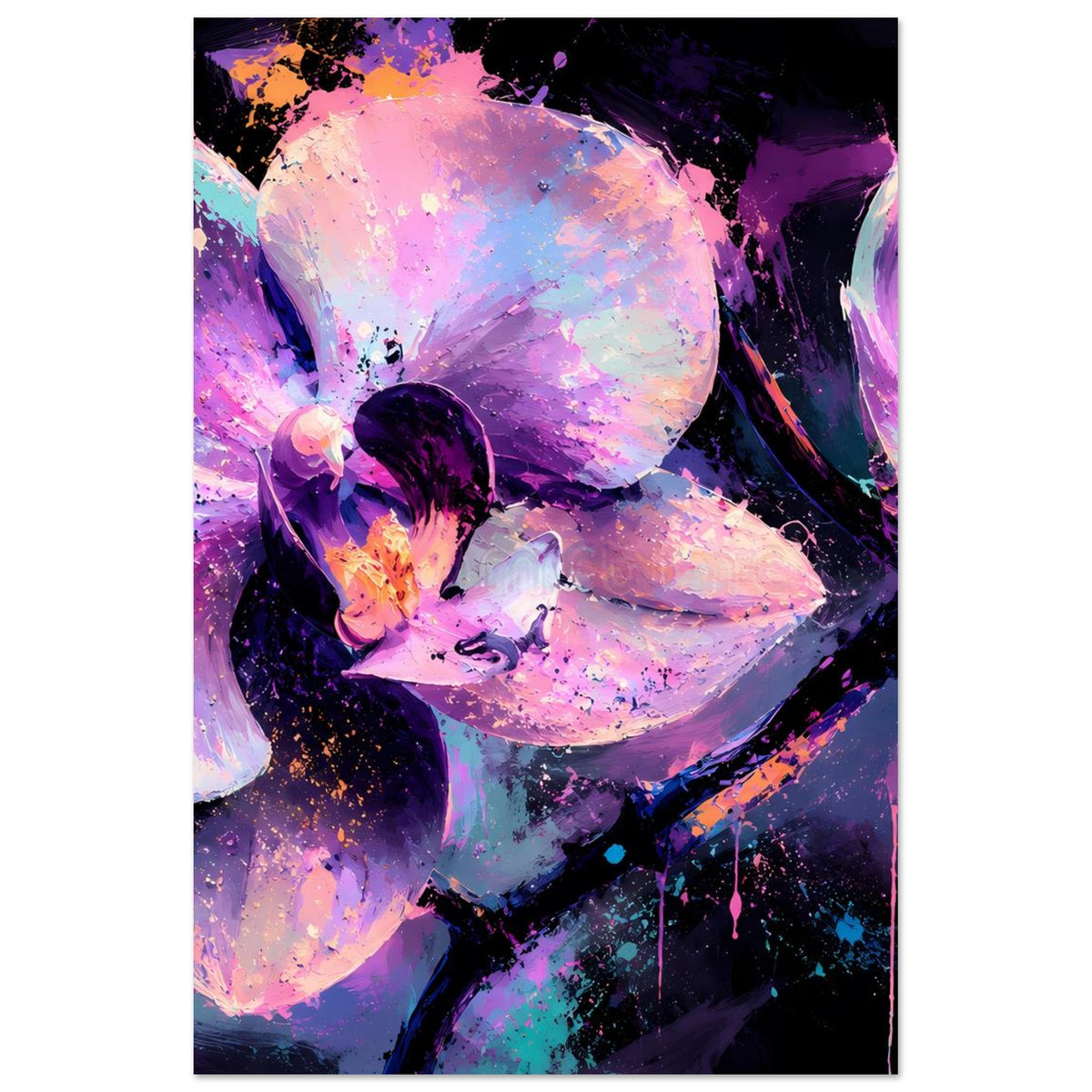 Neon-Orchideenposter, vertikaler Ausschnitt mit violetten Blüten und Farbspritzern