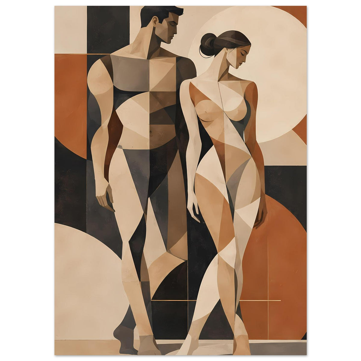 Gerähmter Kunstdruck mit Aktpaar, stilisierte Körper und Konturen in Beige-, Braun- und Schwarzton