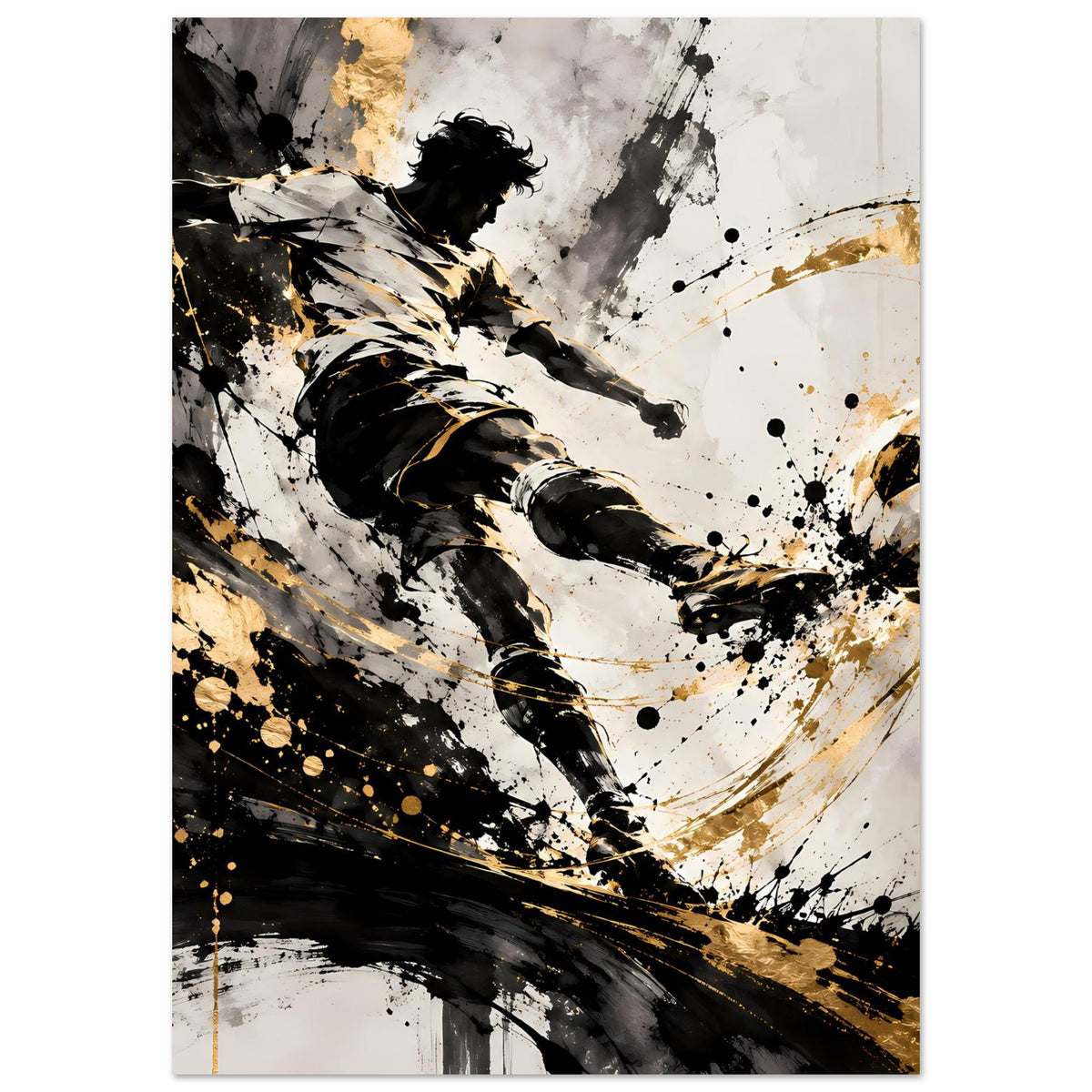 Fußballspieler-Poster: Spieler im dynamischen Schuss, Schwarz-Gold-Spritzer und Pinselstriche