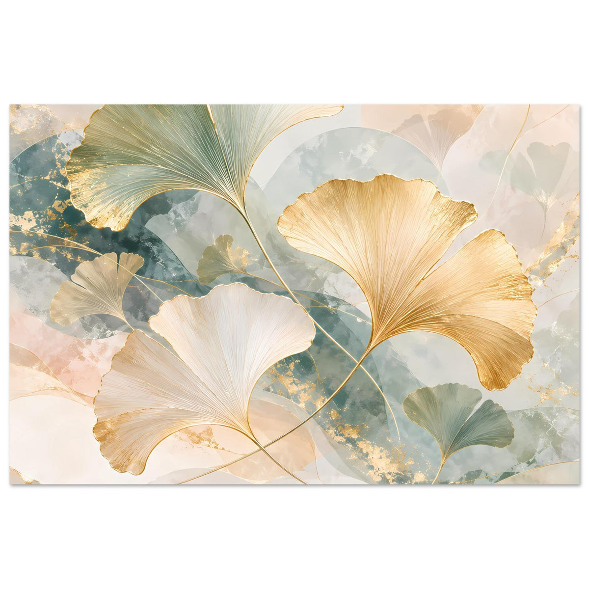 Horizontales Poster mit Ginkgo-Blättern, goldfarbenem Blattbüschel und zarten Pastellflächen