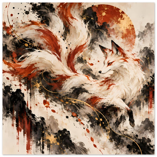Fantasy-Poster mit mystischem Fuchs mit neun Schweifen, weißes Fell, orange Töne, Spritzer