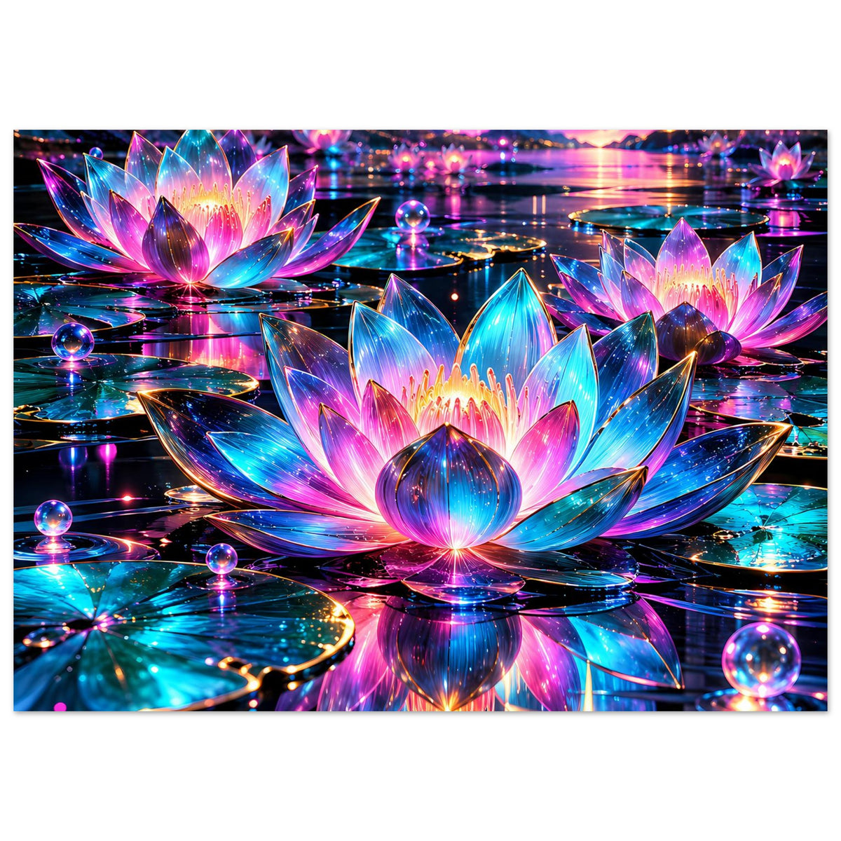 Neon-Lotus-Poster im Querformat mit leuchtendem Lotus und farbigen Lichtreflexen.