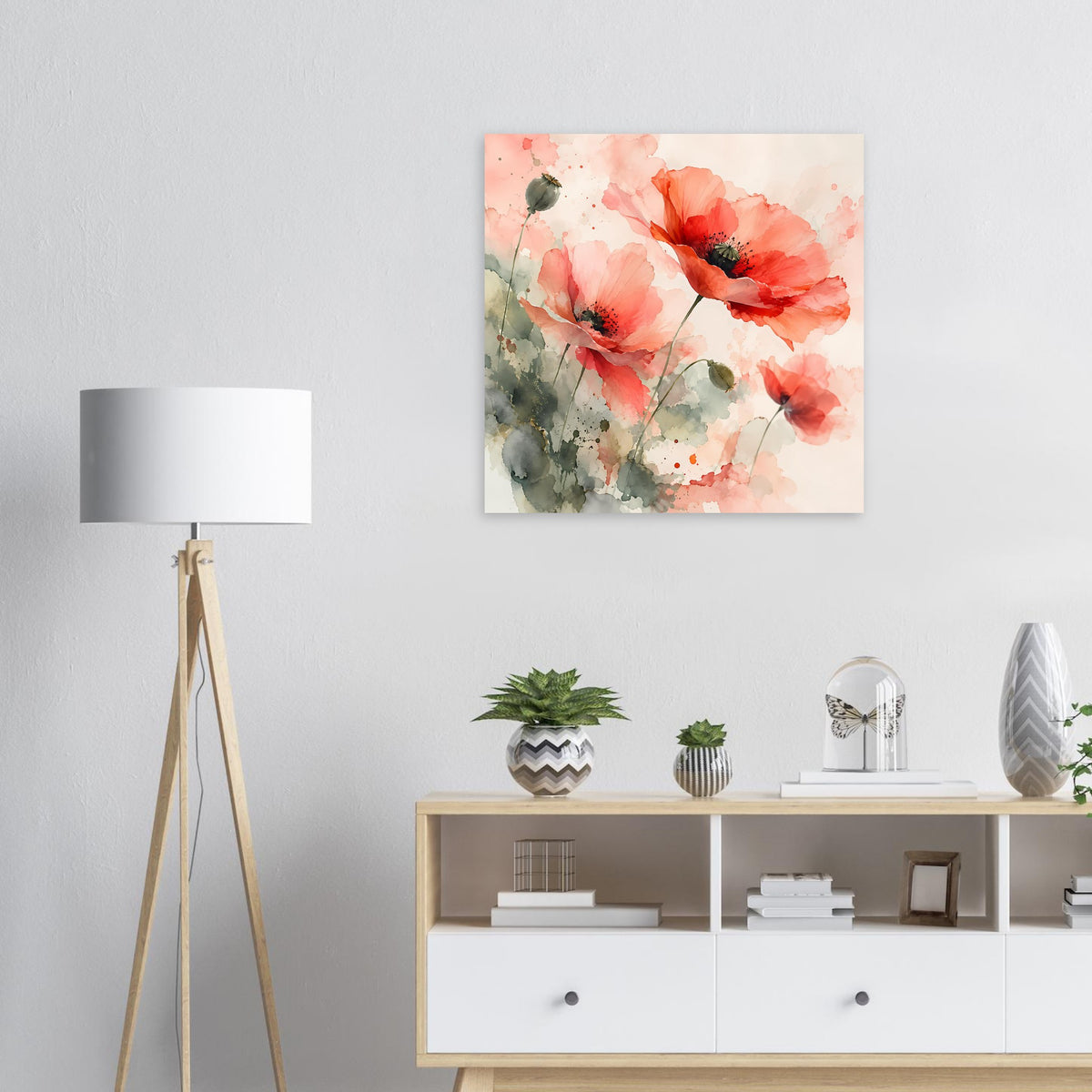 Quadratisches Poster mit aquarellierten Mohnblüten in Korallrosa und grünlichen Akzenten