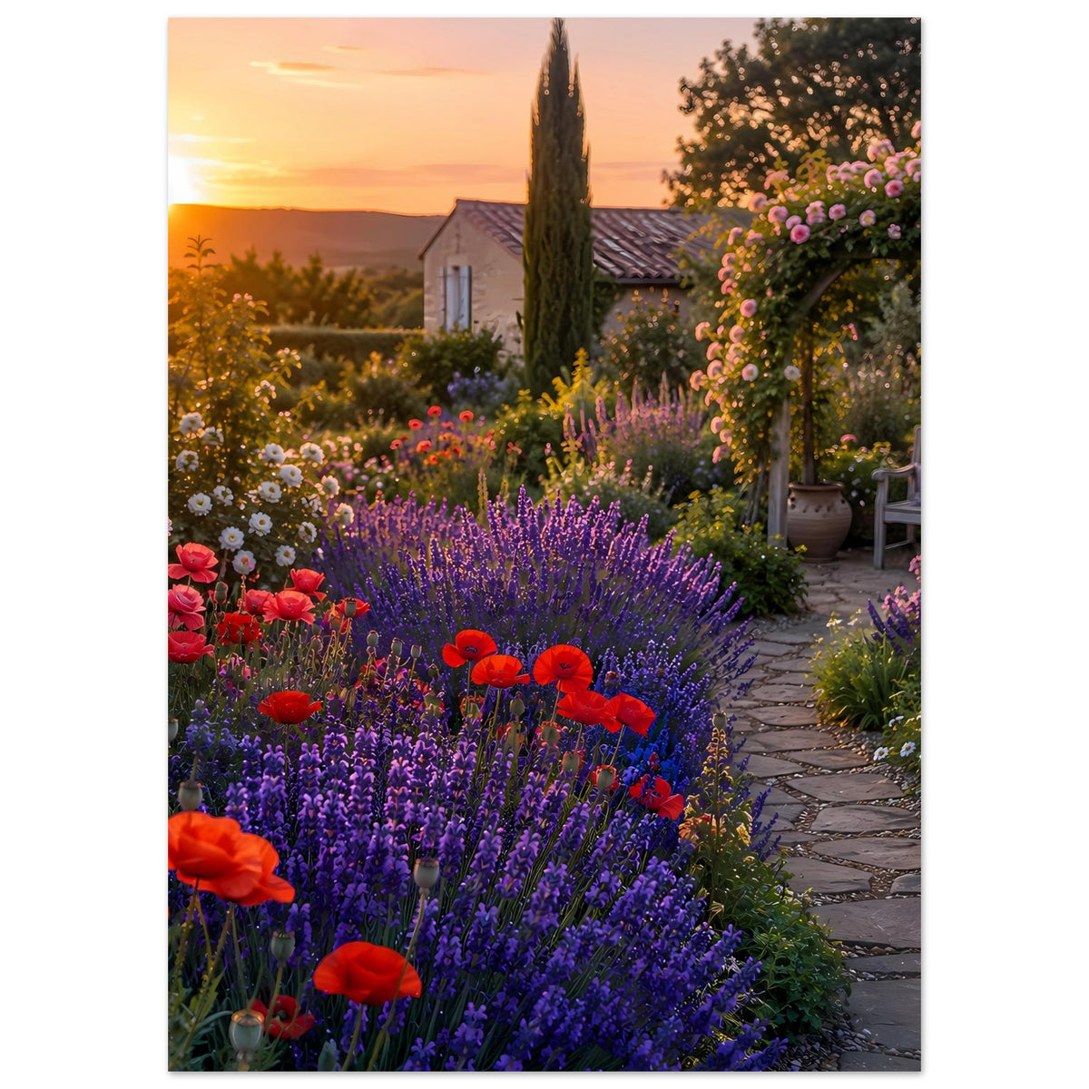 Gartenposter mit Blumenallee und Gartenbank im warmen Licht des Sonnenuntergangs