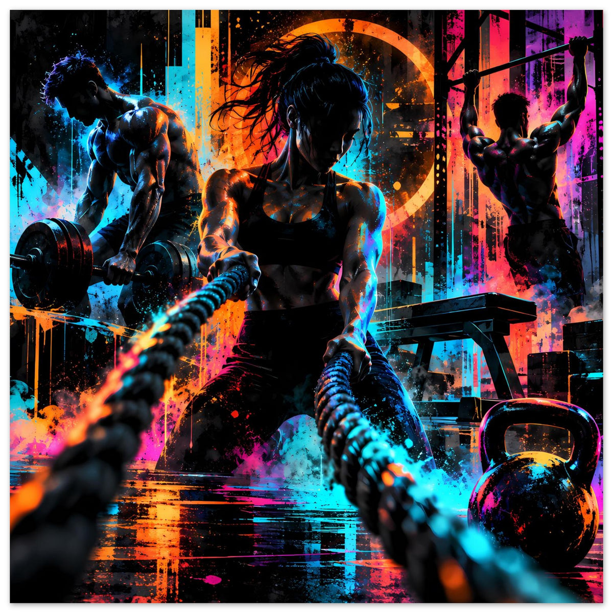 Vertikales Fitness-Poster mit drei Neon-Sport-Silhouetten, Hanteln und leuchtenden Farbflächen