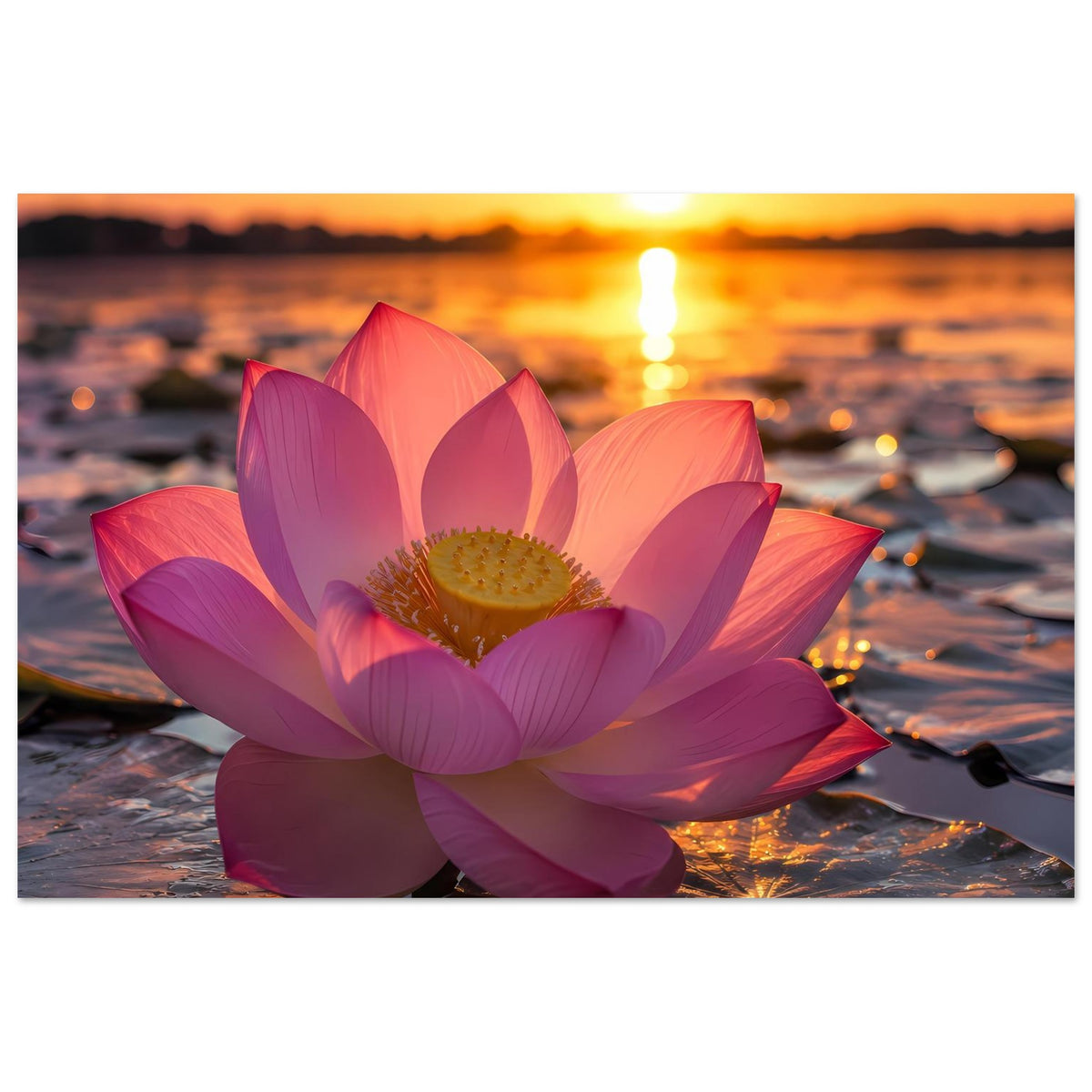 Lotusblüten-Poster im Querformat: pinke Lotusblüte mit gelber Staubblüte im Motiv