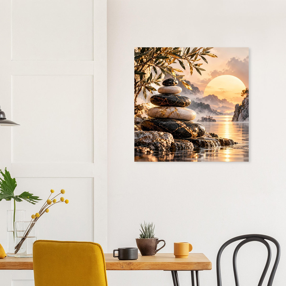 Wandposter: Stapel aus Steinen am Strand bei Sonnenuntergang mit orangefarbenem Himmel