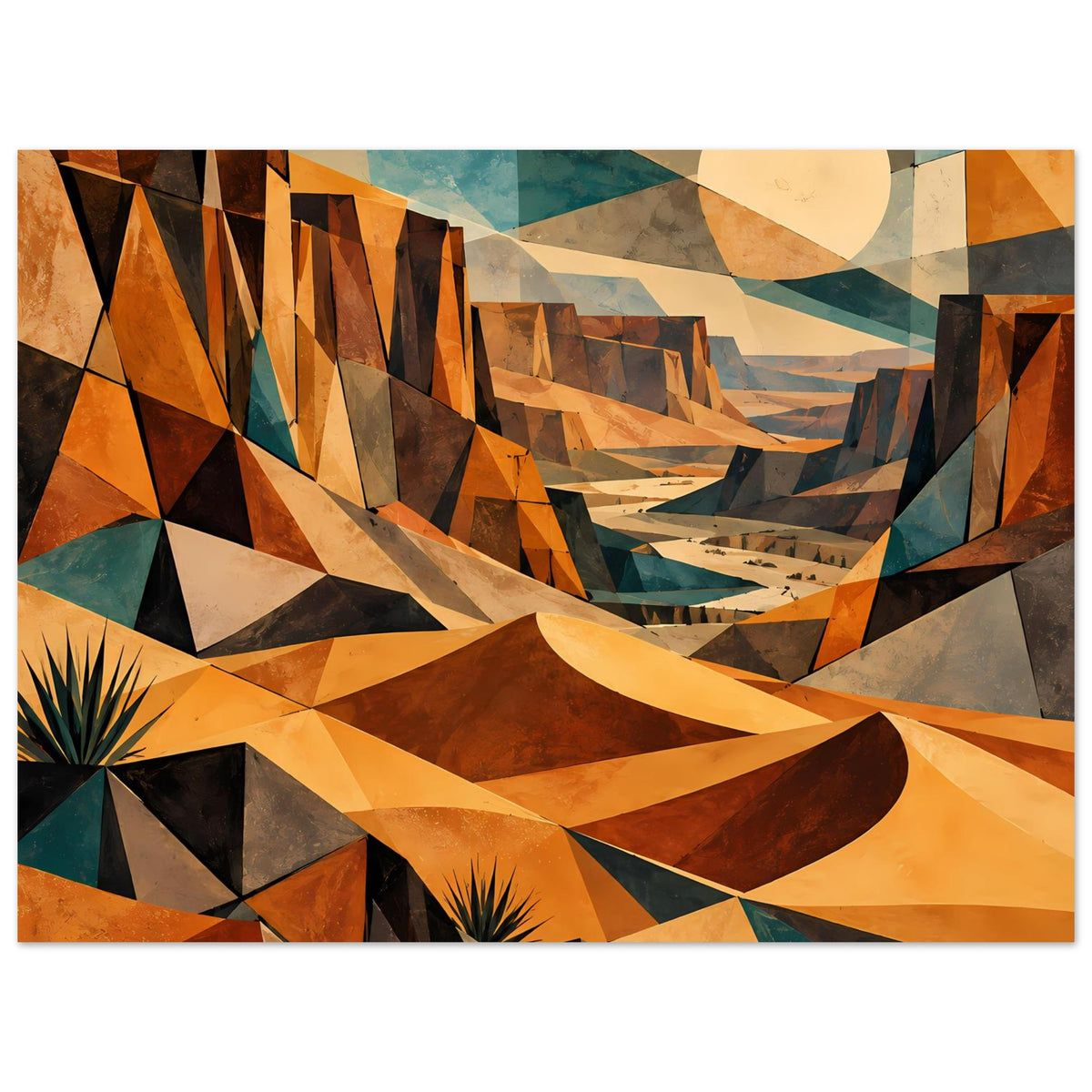 Geometrisches Wüstenlandschafts-Poster, horizontales Motiv mit Kaktus, Ocker-Braun und Blautönen