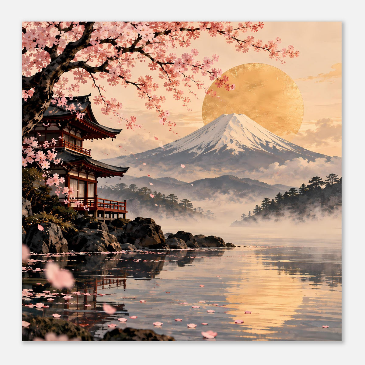 Poster-Detail im Querformat: Kirschblüten, Pagode links, Fuji-Berg und goldener Sonnenkreis