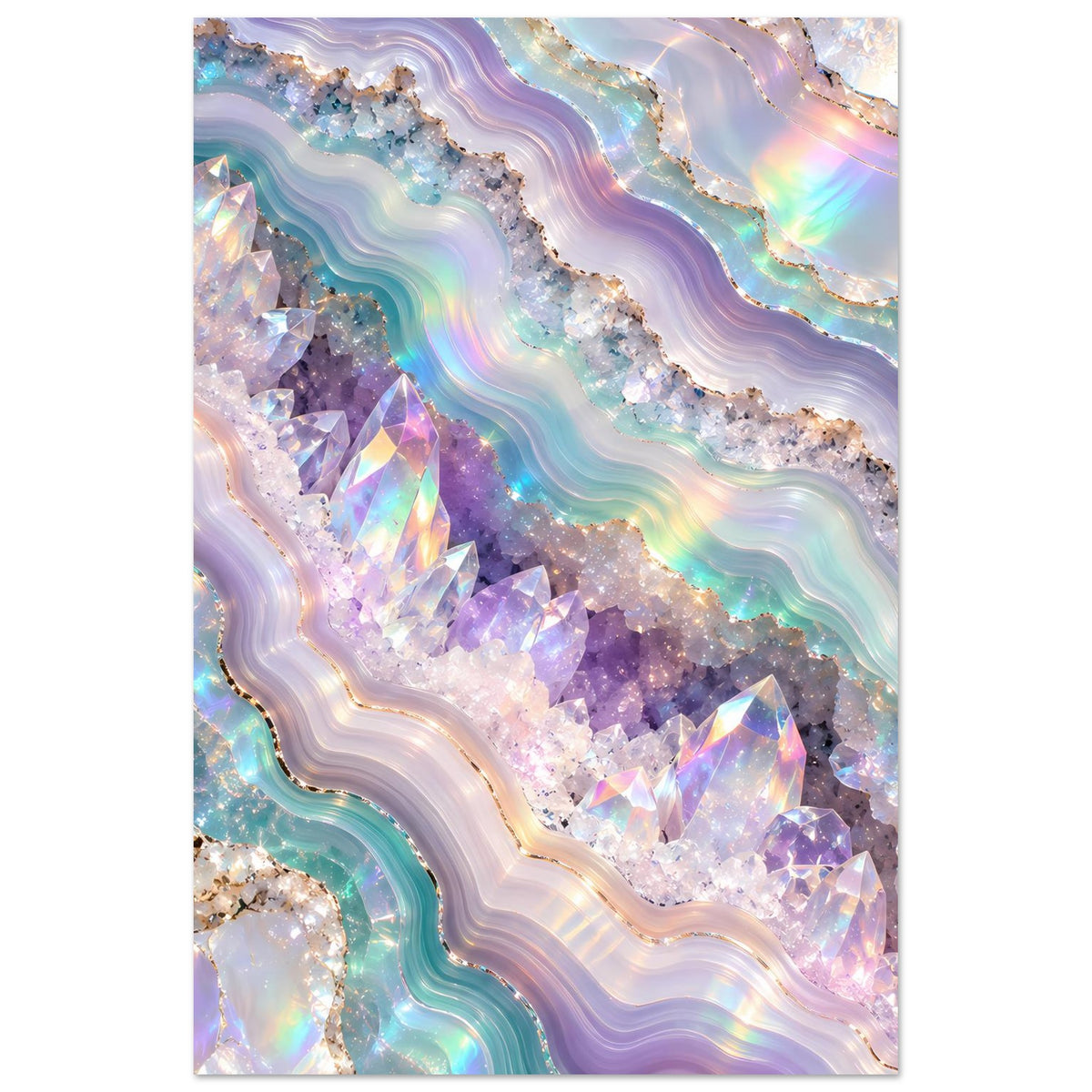 Holografisches Geode-Kristall-Poster im Hochformat mit violetten Kristallen, türkisfarbenen Wellen und Glanz