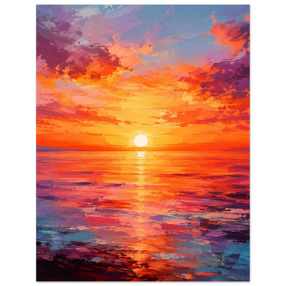 Poster mit Sonnenuntergang über dem Meer, orange und violette Wolken, Sonne spiegelt sich im Wasser