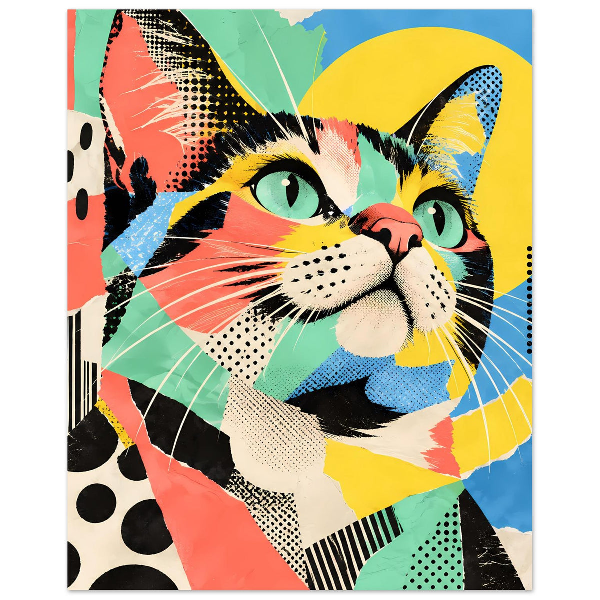 Pop-Art-Katzenposter, schräges Nahporträt mit leuchtenden Farben und grafischem Hintergrund