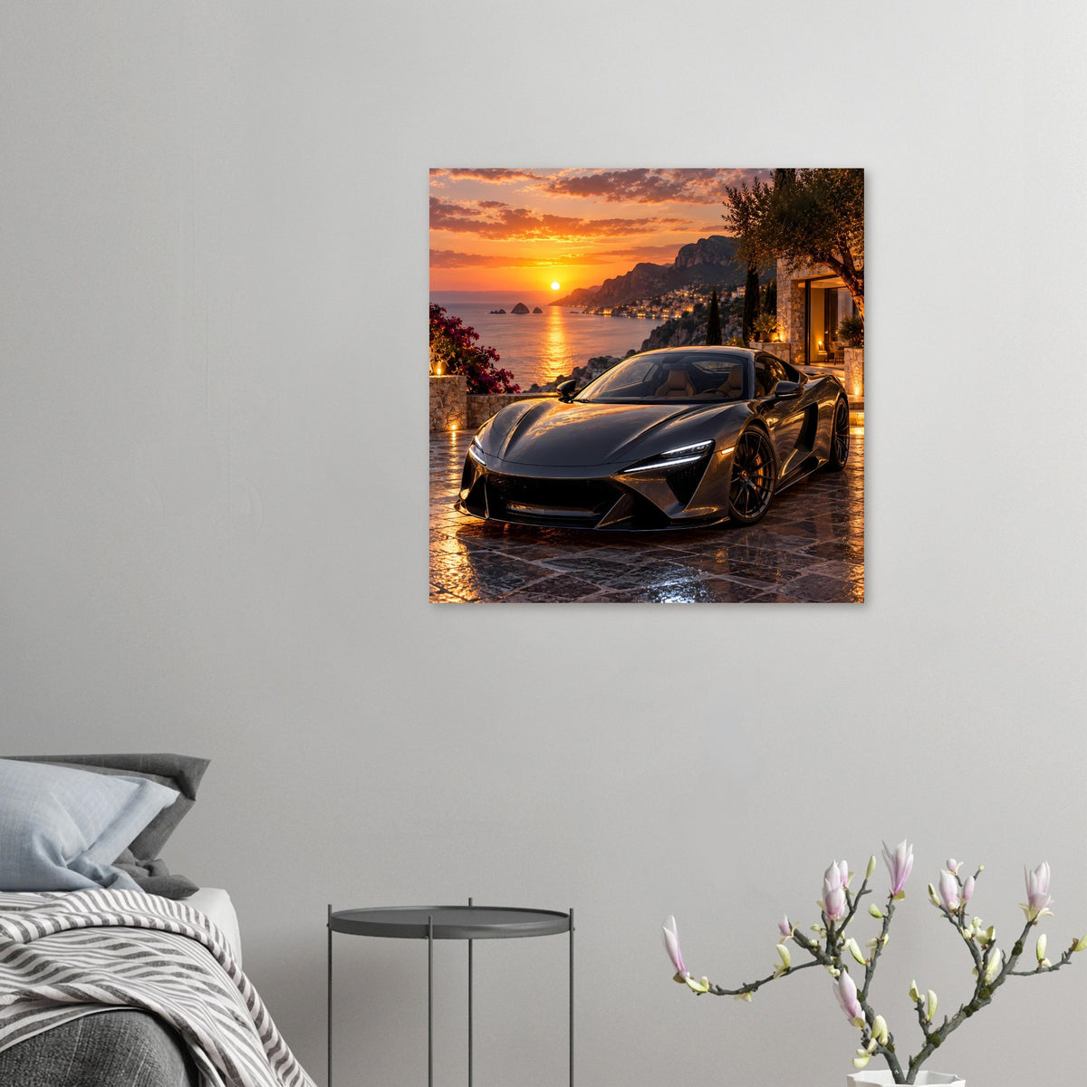 Poster-Druck mit Sportwagen in Dunkelgrau und Sonnenuntergangs-Motiv am Meer