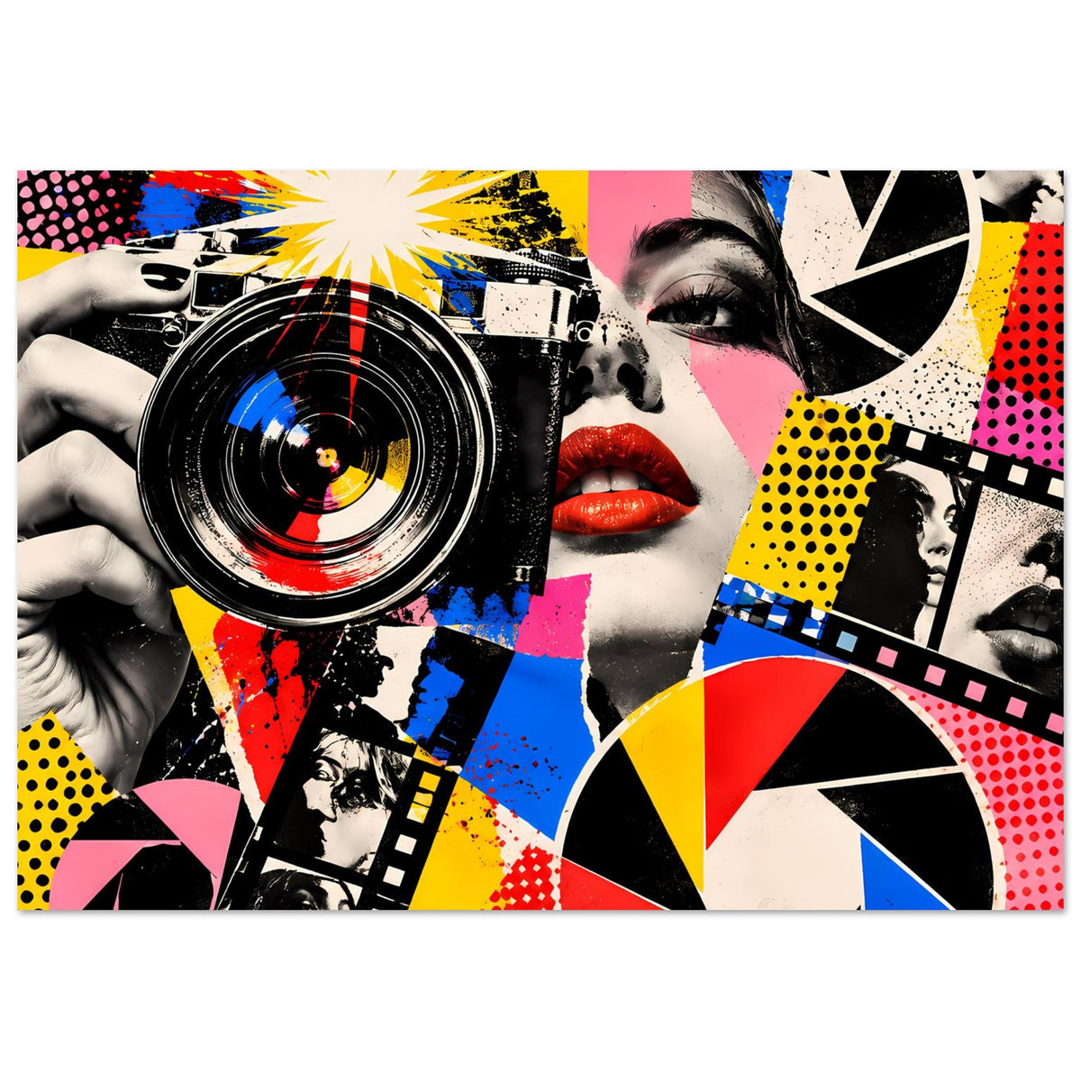 Pop-Art-Fotografie-Poster: Kamera im Vordergrund, Pop-Art-Porträt und Punkte-/Streifenmuster