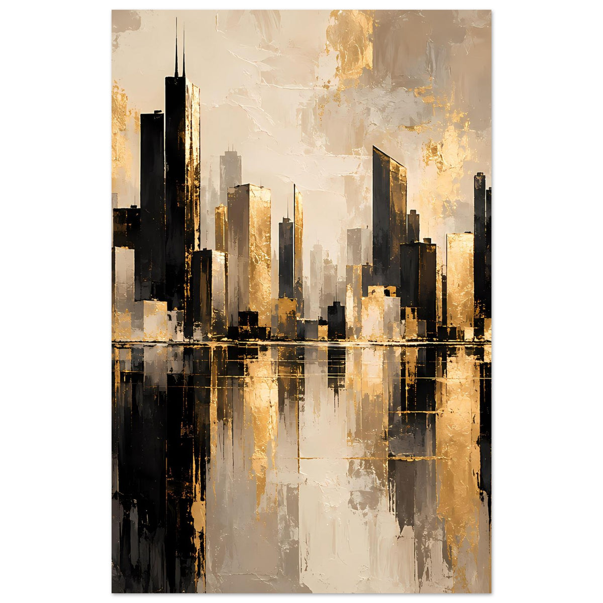 Cityscape-Poster im Hochformat: schlanke Hochhäuser in Dunkelgrau mit goldenen Highlights