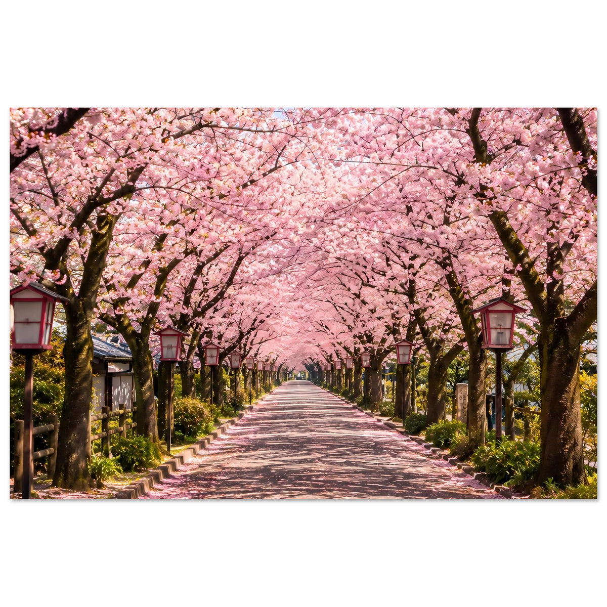 Kirschblüten-Allee Poster mit rosa Blütenwand, gerader Weg und Laterne rechts vorn