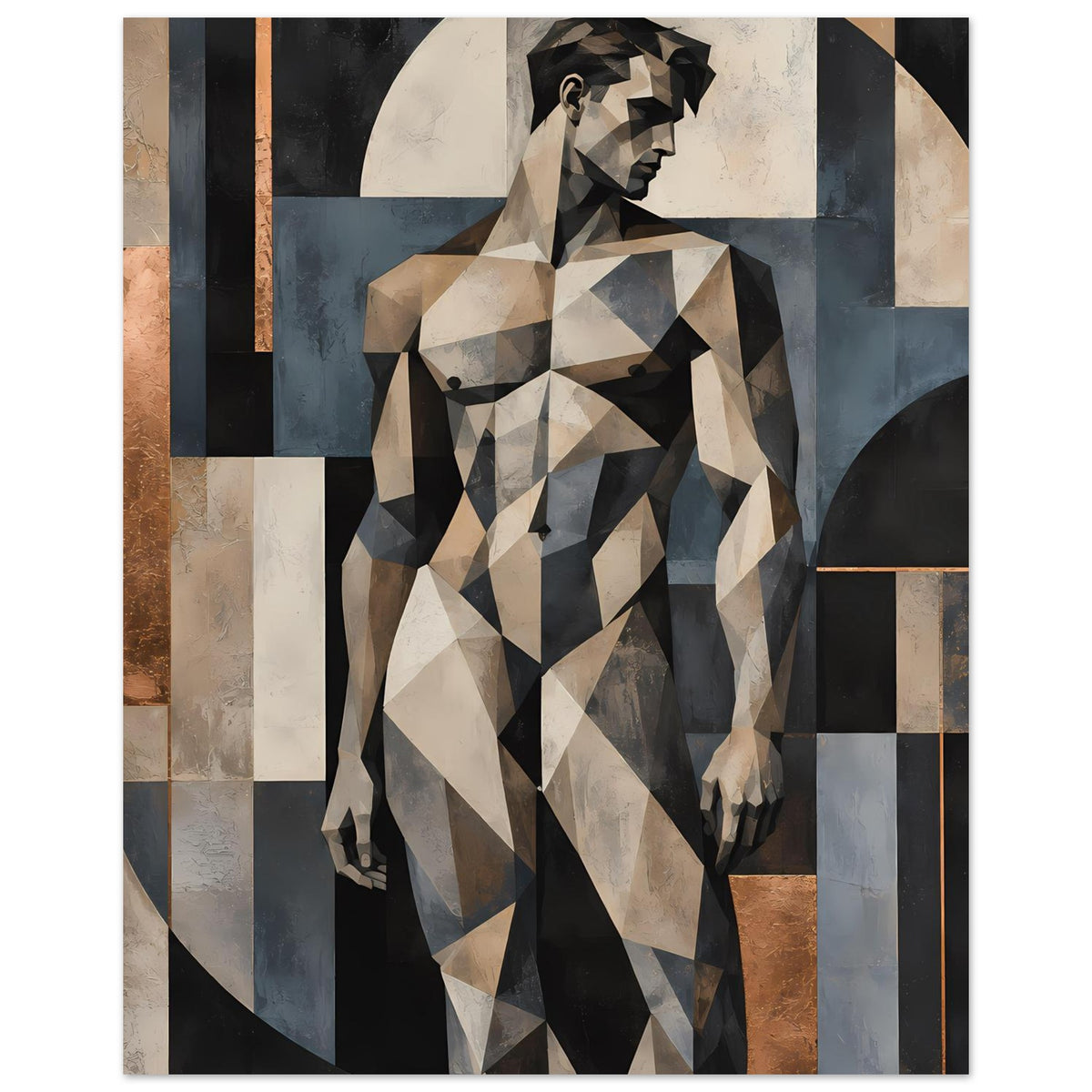 Kunstposter mit abstrakter Fraufigur aus Flächen, Drehung nach links, warmes Farbschema