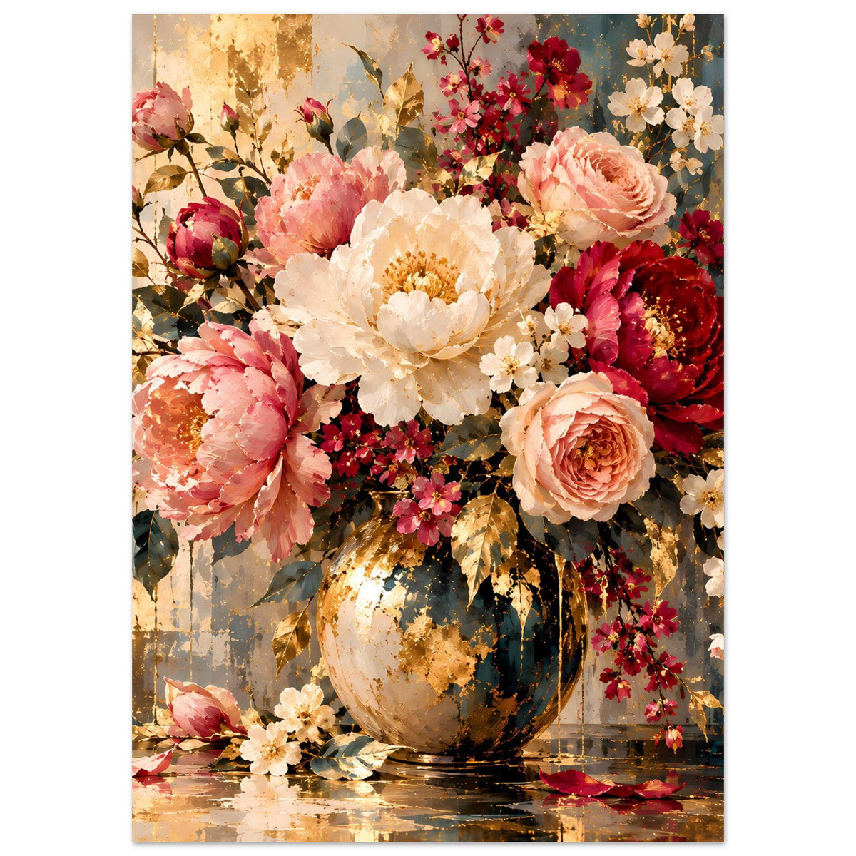 Blumenposter mit Vase und üppigen Pfingstrosen, Rosen und Blüten in Rosa-, Rot- und Cremefarben.
