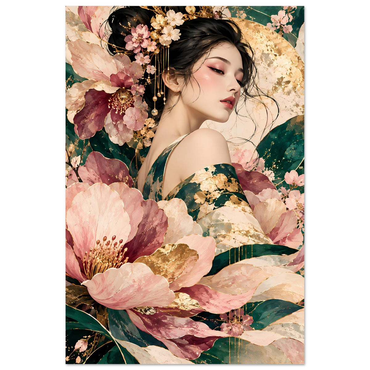 Elegantes Poster mit floraler Frauenillustration in Rosé, Grün und Gold