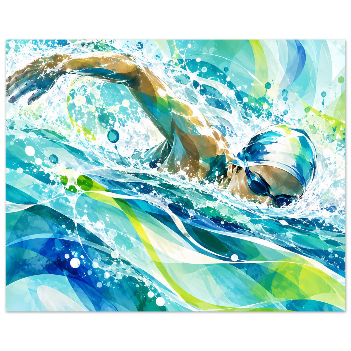 Querformat-Poster mit abstraktem Schwimmer im Wasser, Farbverläufe in Blau und Grün