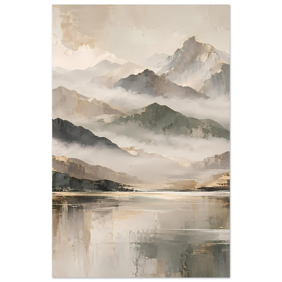 Naturposter, vertikale Ansicht: neblige Berge über ruhigem Wasser in Beige- und Goldtönen