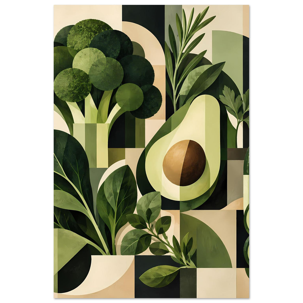 Geometrisches Küchenposter mit Avocado- und Pflanzenmotiven in Grün, querformatig