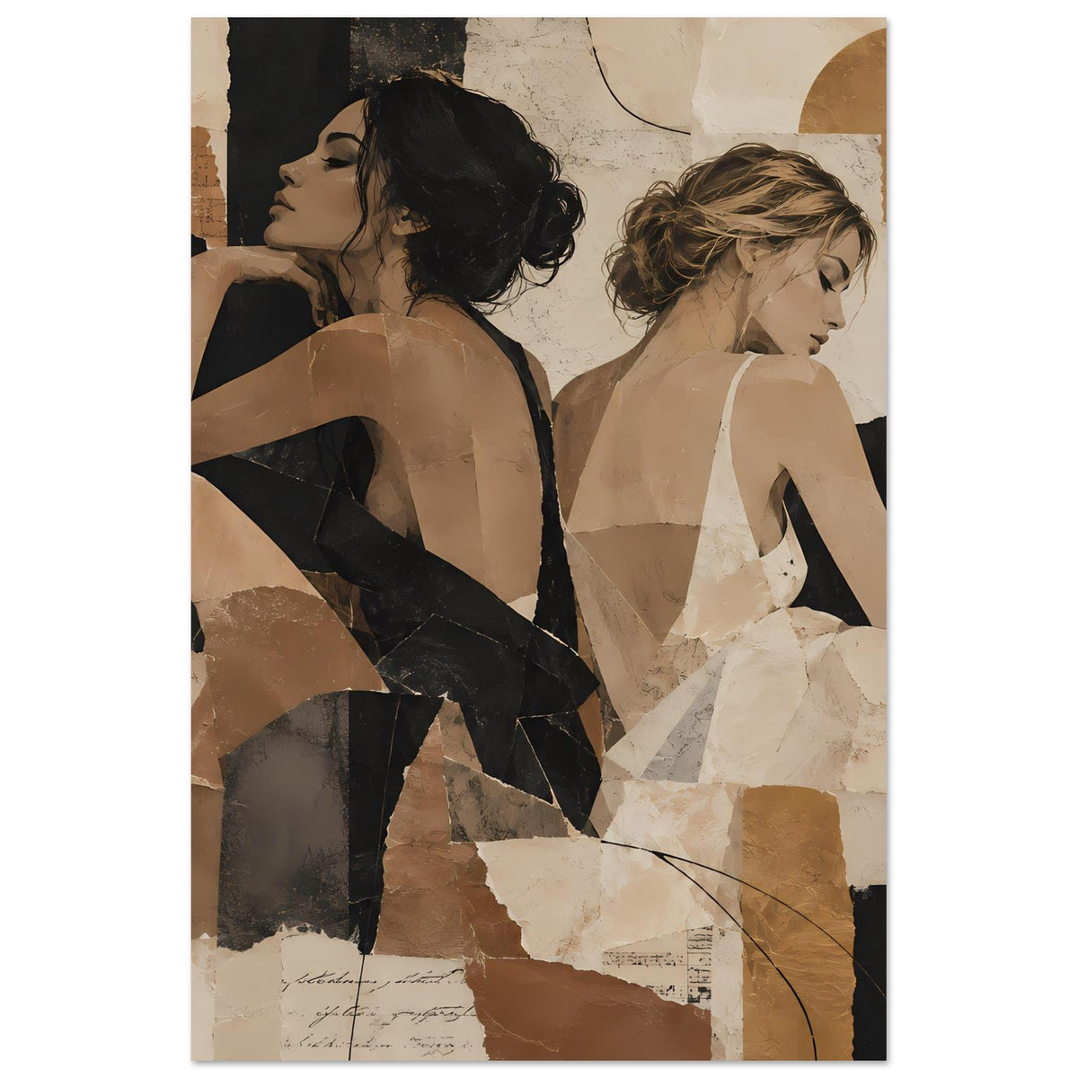 Collage-Poster (Hochformat) mit zwei Frauenprofilen, beigem und dunklem Farbpatchwork.