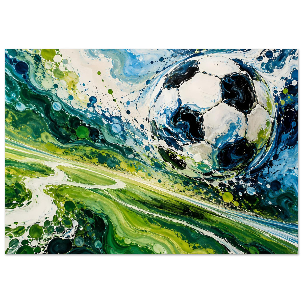 Kunstdruck im Querformat mit abstraktem Fußball, Farbspritzern und Wellen in Blau und Grün