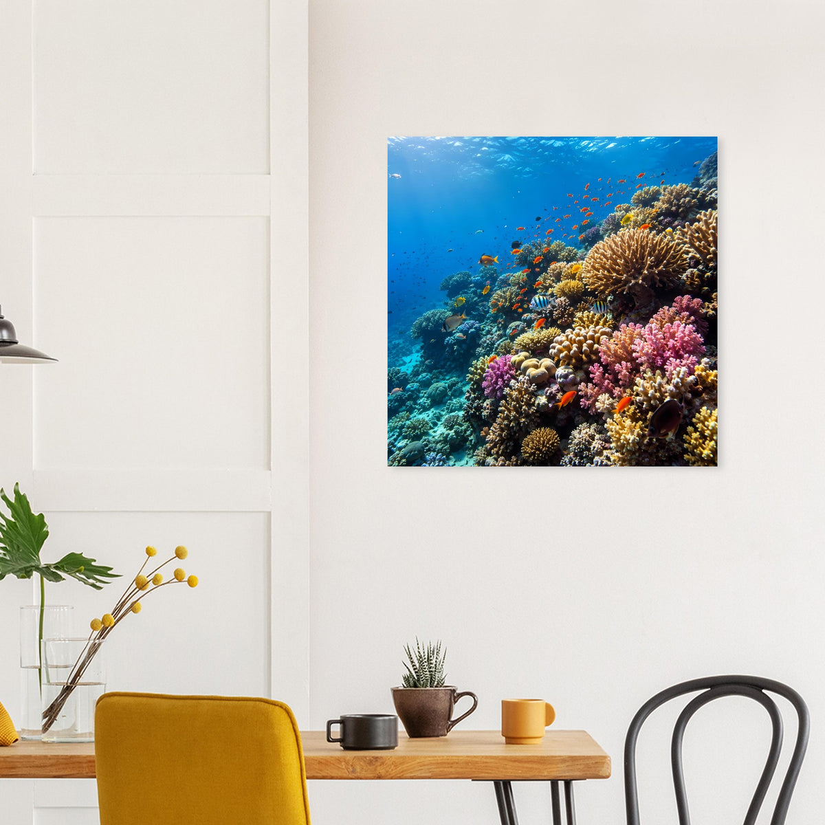 Korallenriff-Poster: blaues Meer, Korallen und tropische Fische im Schwarm