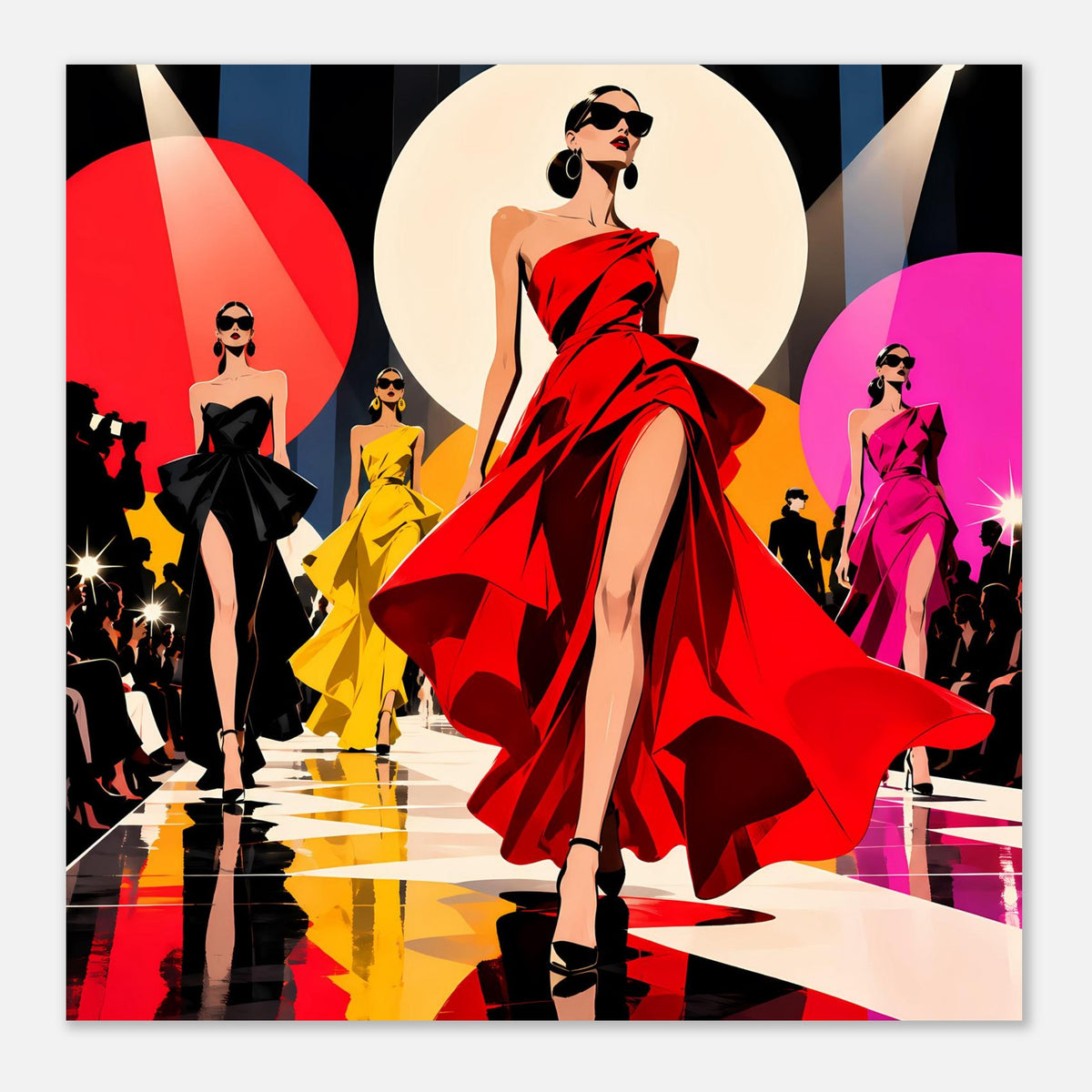 Pop-Art-Fashionposter: zentrales Model im roten Kleid, weitere Damen in Schwarz, Gelb und Pink