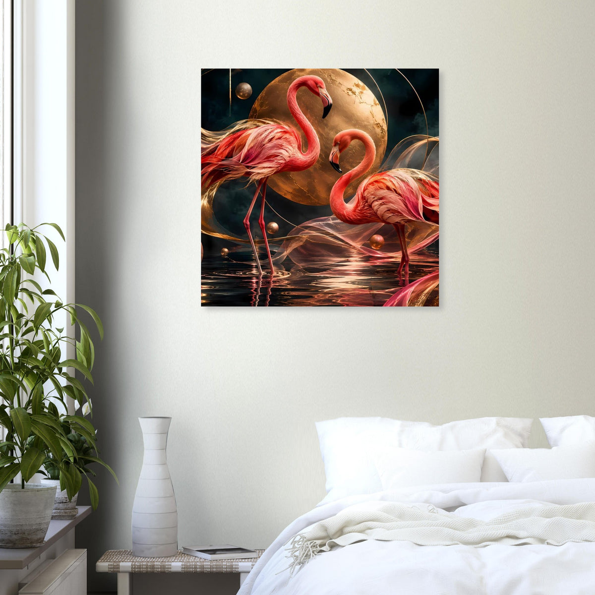 Gerahmtes Kunstposter mit zwei rosa Flamingos vor goldener Mondkugel