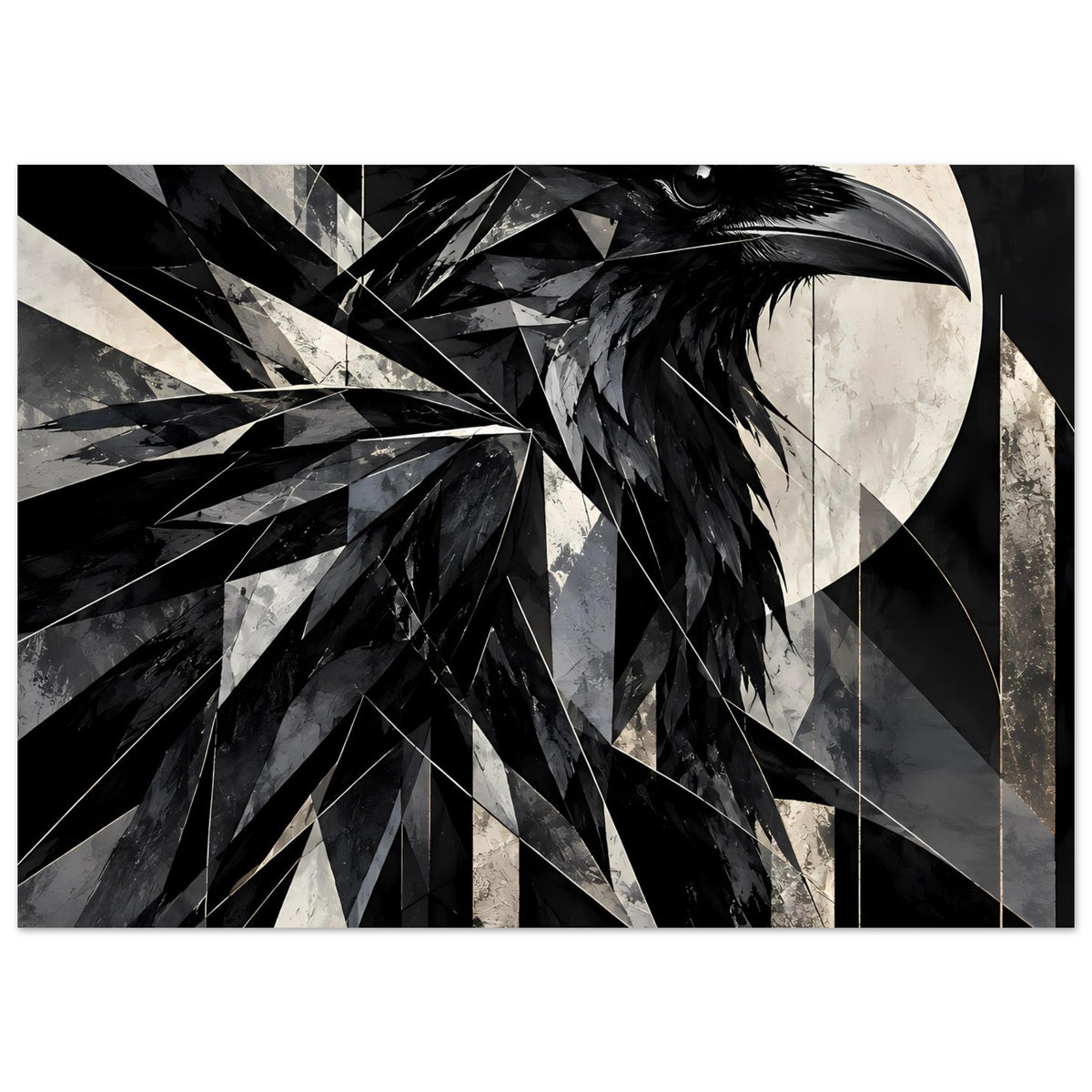 Kunstposter mit geometrischem Raben in Schwarz-Weiß, dynamische Dreiecks-Texturen, Querformat