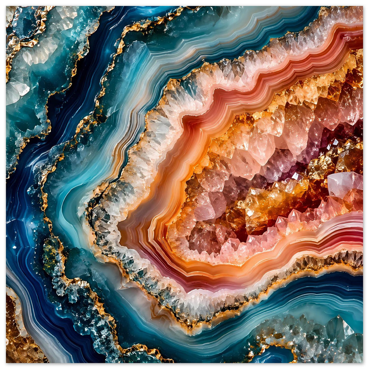 Poster mit Geodenmotiv: blaues Gestein links, orange-rosa Kristallhöhle mit goldenen Akzenten