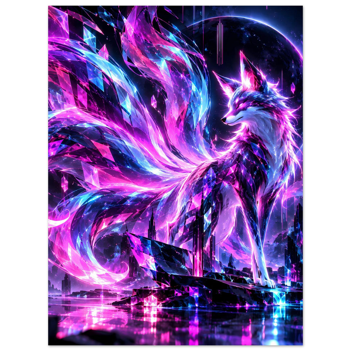 Neon-Fuchs Poster mit kräftigen Rosa- und Blautönen, Lichtbögen im Hintergrund