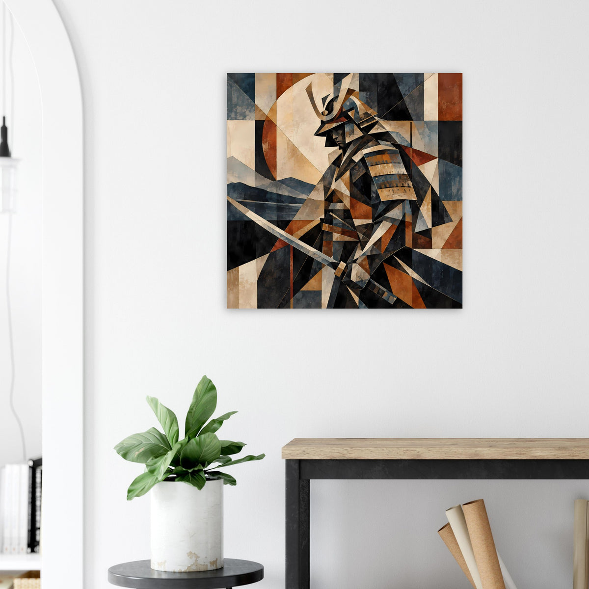 Geometrisches Samurai-Krieger-Poster mit markanter Schwertsilhouette, Erdtöne und Blau